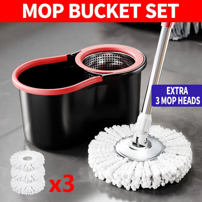 Efficient Floor Cleaning Mop Set with Bucket, 3 Microfiber Heads & 360° Rotatable Design