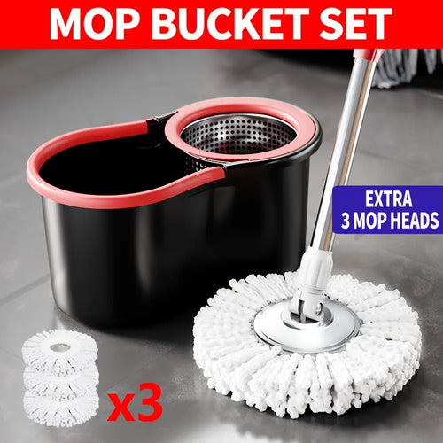 Efficient Floor Cleaning Mop Set with Bucket, 3 Microfiber Heads & 360° Rotatable Design