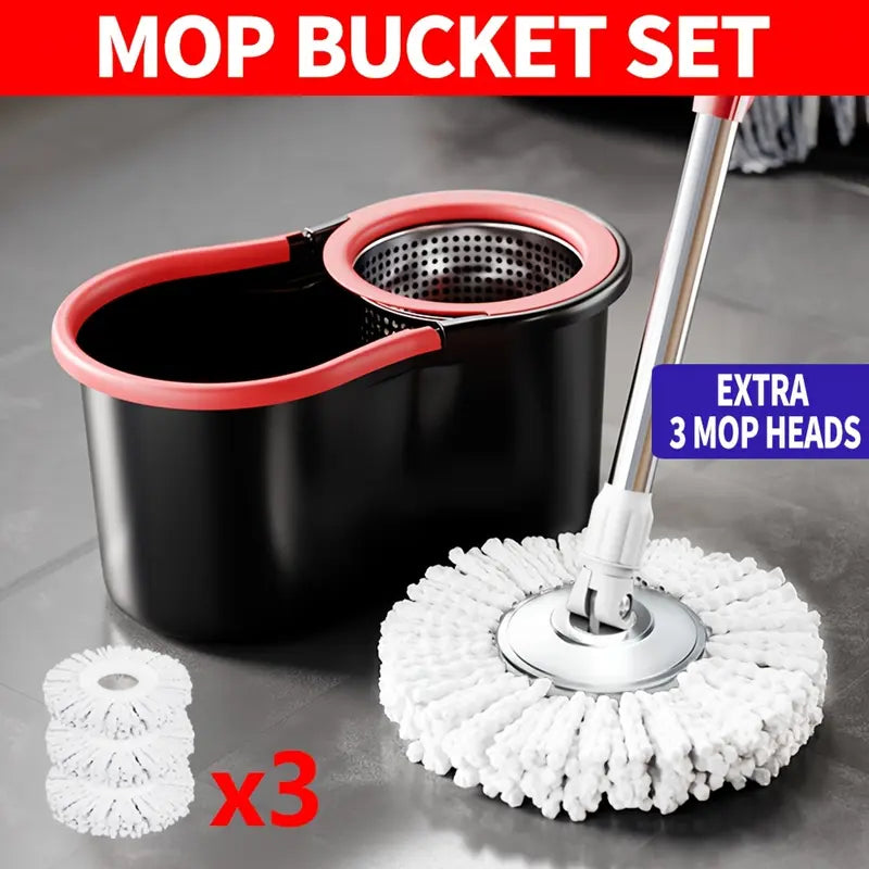 Efficient Floor Cleaning Mop Set with Bucket, 3 Microfiber Heads & 360° Rotatable Design